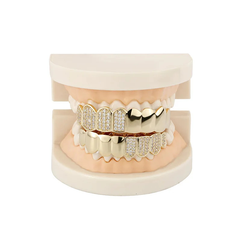 Hip hop Half CZ Teeth Hat Sparkling Ice Cube Zircon Mini Paving Top and Bottom Charm Grill Set Suitable for Womens Jewelry Gif 250220