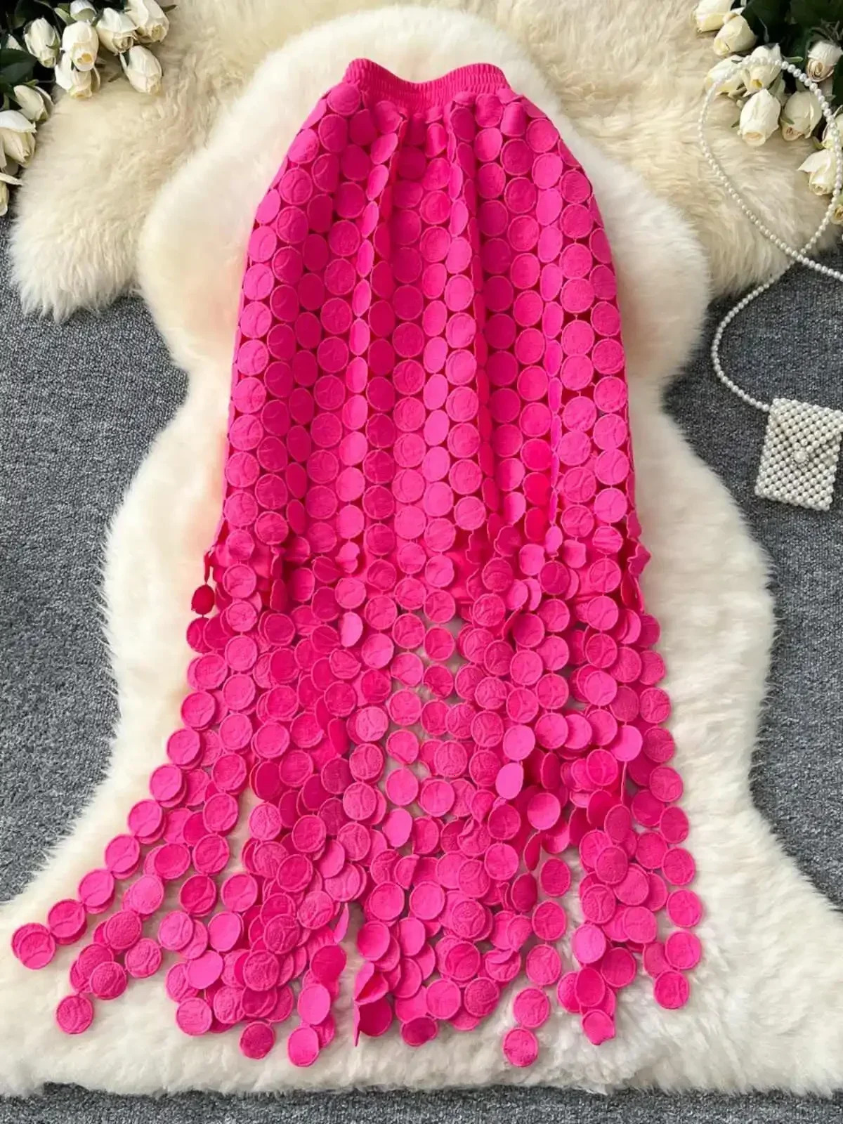 Womens Tube Skirt Hollow Out Polka Dot Tassel Autumn High Waist Slimming Mid Length Straight Party Sexy Faldas Female SK008 250225