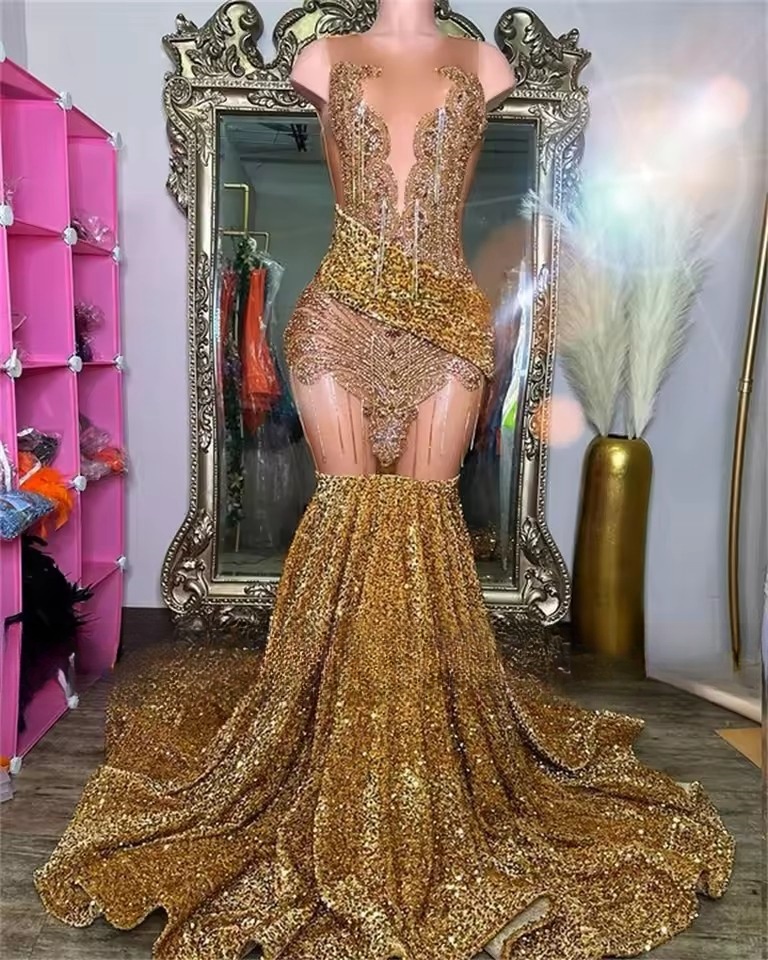 Gold Sequins Rhies Prom Black Girls 2025 Beaded Crystal Formal Dress Birthday Party Gowns Graduation Customized