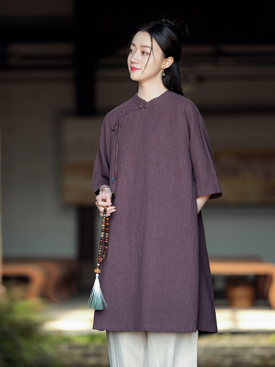 H16120 women's new Chinese style stand-up collar oblique lapel tie national style top retro Zen loose summer dress female