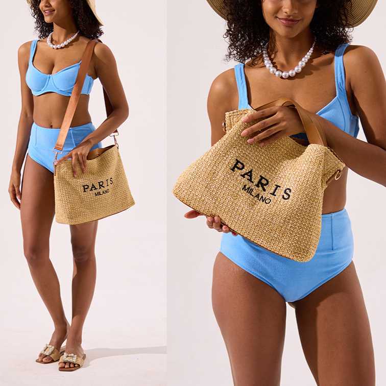 French woven bag, beach vacation bag, women's letter embroidery, large capacity tote bag, summer single shoulder crossbody bag 250215