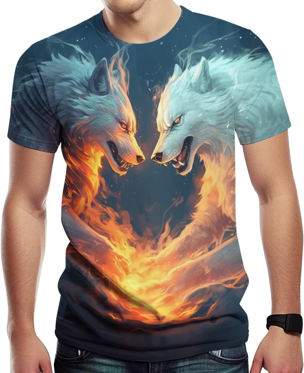 Mens T shirt Men's Fire Wolf Pack Pattern T-Shirt 3D Printed T-Shirt Novelty Pattern T-Shirt Fashion Top tee Casual tops summer clothes