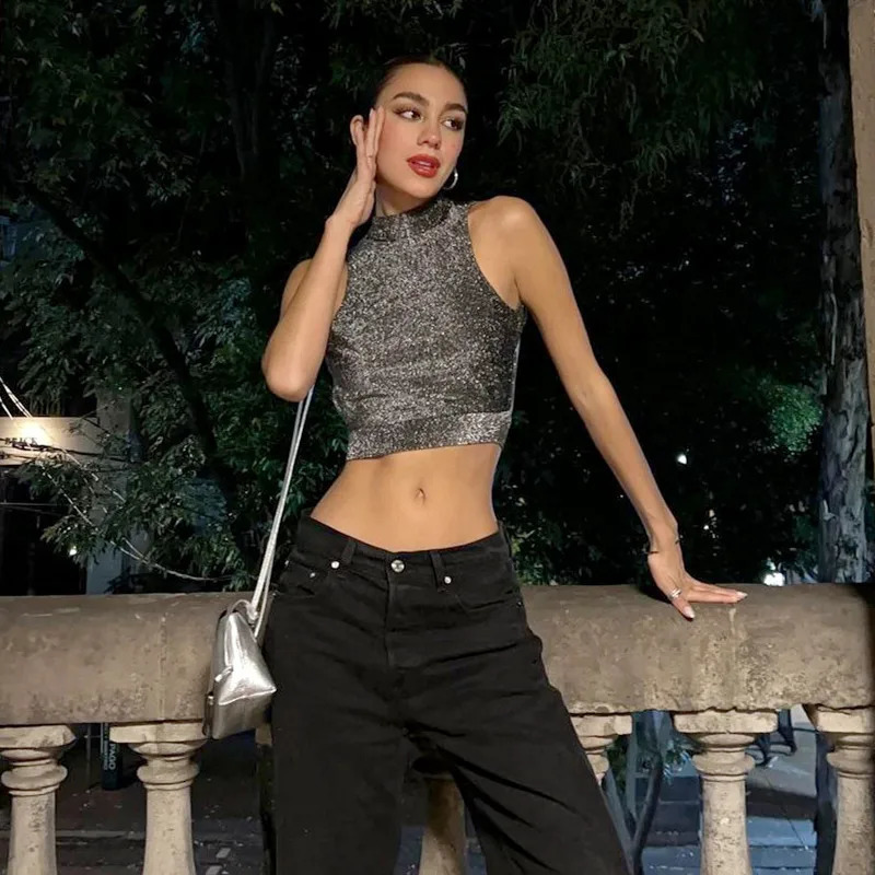 WhereMery Sexy Women Backless Tank Top Y2K Bling Glitter Sleeveless Bandage Crop Tops Summer Fashion Streetwear Skinny Vest 250225