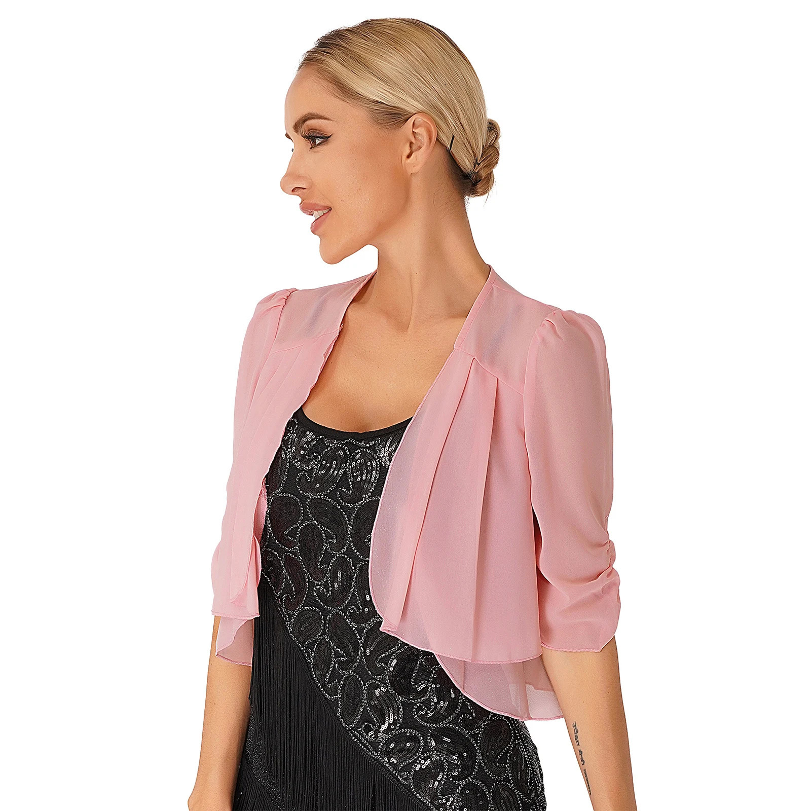 Womens Elegant Ruffle Bolero Shrug Jacket Half Sleeve Double-Layer Chiffon Cropped Cardigan Evening Wedding Party Dress Shawl 250225 - view 5