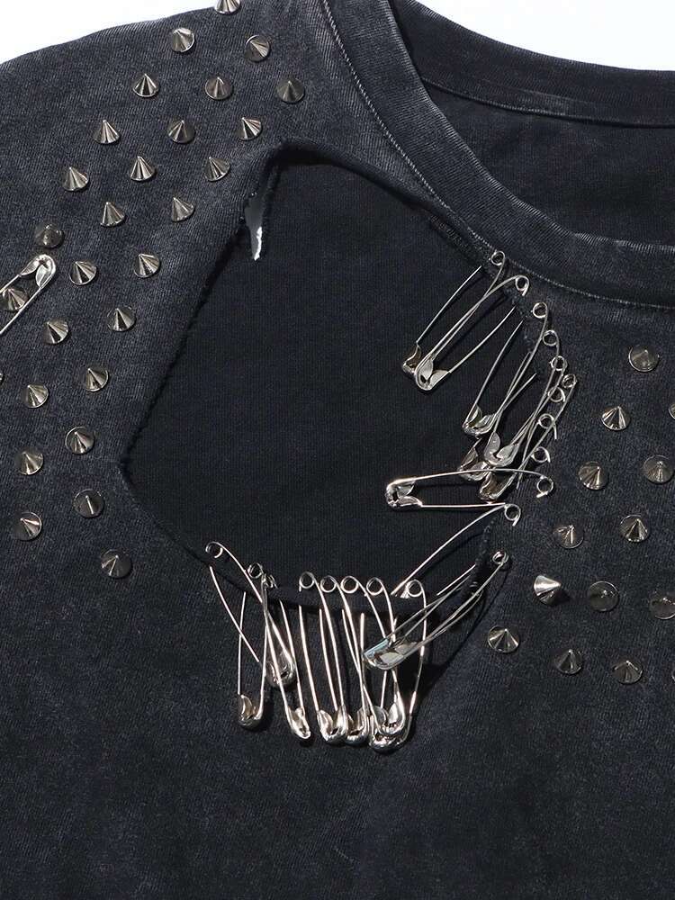 Solid Hollow Out Sexy T Shirts For Women Round Neck Short Sleeve Spliced Rivet Streetwear Designer Crop Top Female