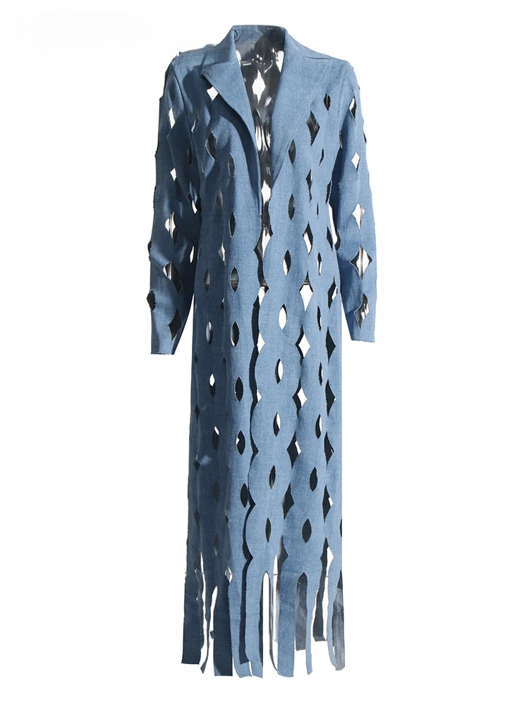 Solid Hollow Out Denim Coats For Women Notched Collar Long Sleeve Temperament Spliced Tassel Coat Female Fashion