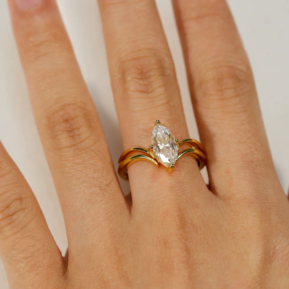 Navigation S925 Marquise Rings 1/2/3 Carat Options Gold Silver Colors Elegant Double Band 250220
