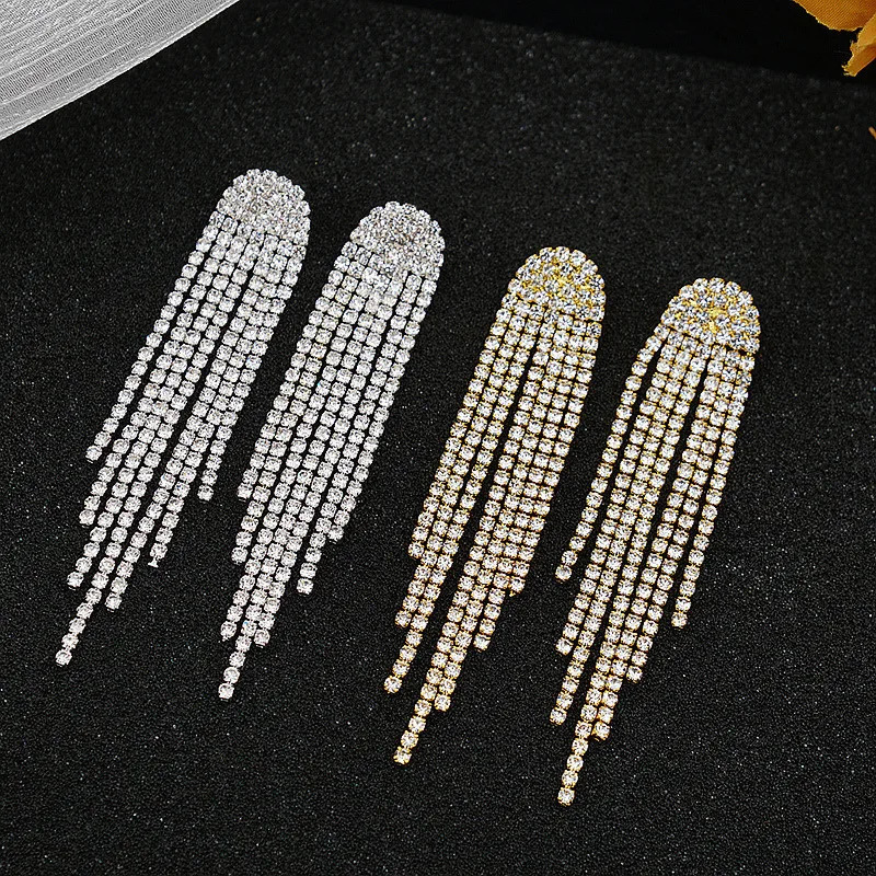 FYUAN Fashion Long Tassel Drop Earrings for Women Black Gold Silver Color Rhinestone Dangle Earring Wedding Party Jewelry 250225