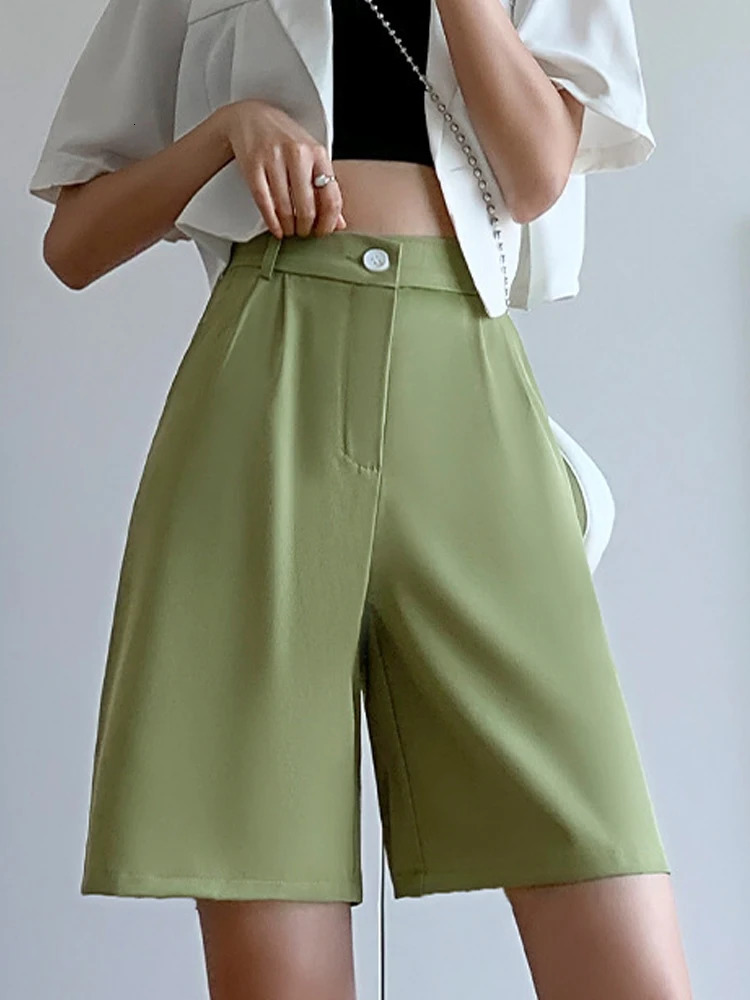 Casual High Waist Wide Leg Suits Shorts Womens Summer Office Lady Loose Shorts for Women Solid Black Knee Length Baggy Shorts 250226