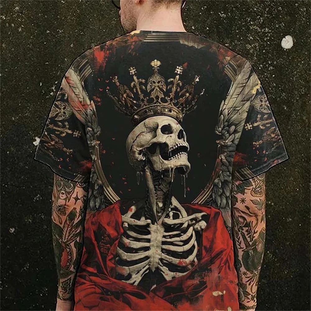 Vintage T Shirt For Men Summer Horror UndeadSkulls Pattern Printed Short Sleeve Oversized T-shirt Loose Men Clothing s-5XL 250226