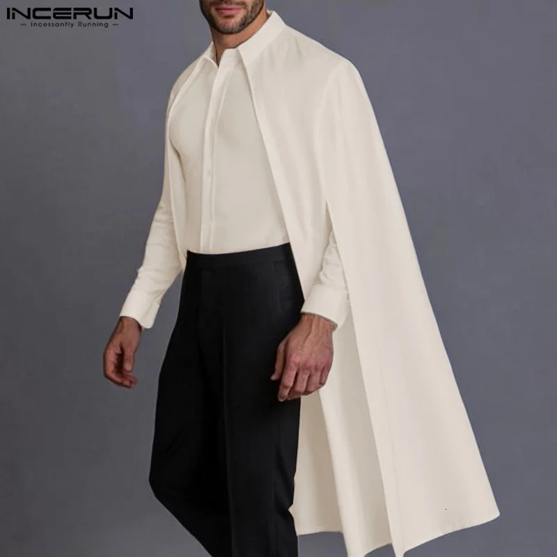 Fashion Casual Style Tops INCERUN Mens Hollowed Cape Mid Length Shirt Male Solid Simple Loose Long Sleeved Blouse S-5XL 250224