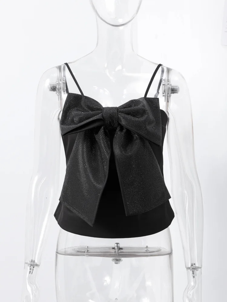 Sequined Big Bow Tank Tops Women Shinny Sleeveless Backless Pleated Zippers Party Camisole 2025 Spring Urban Streetwear Urban 250225