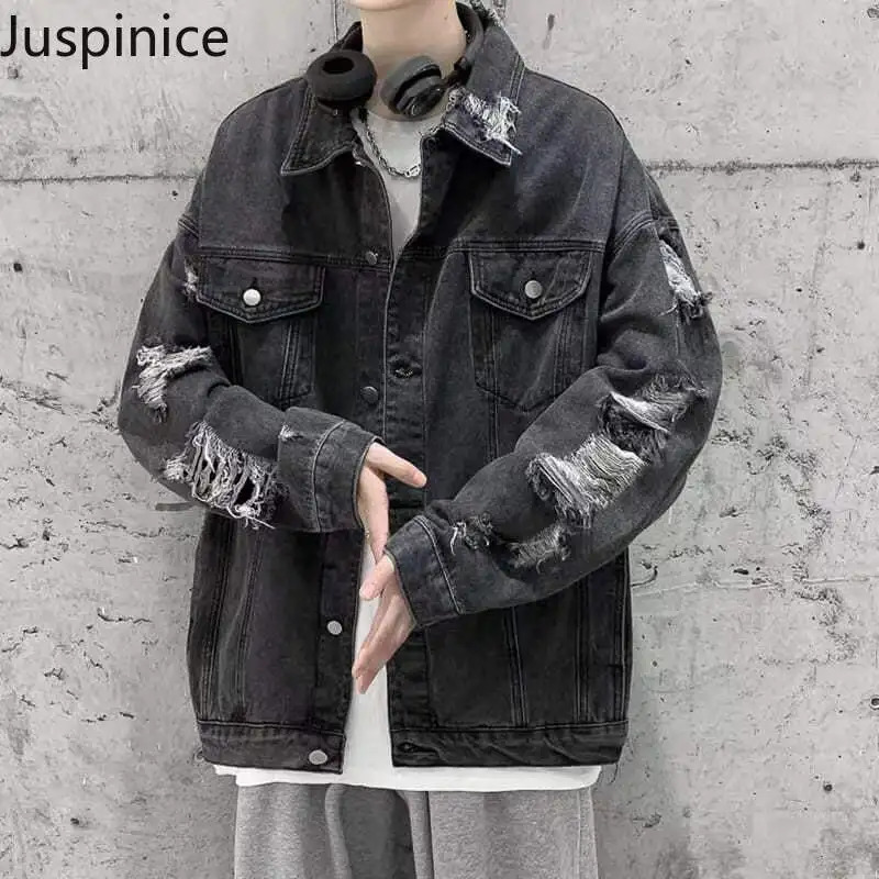 Spring Autumn Ripped Denim Jackets Mens Causal Loose Oversize Handsome High Street Overcoat Men Tops Male Clothes 250225