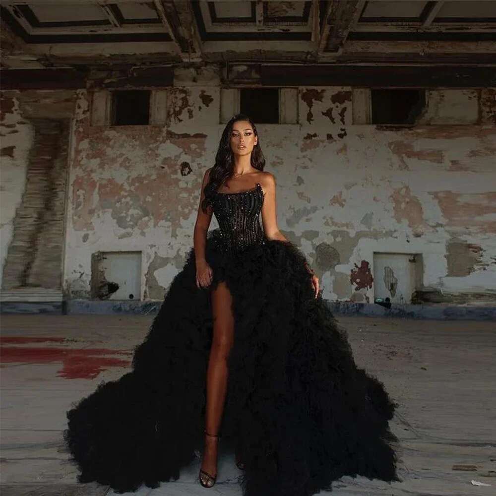 the Black Fashion Sleeveless Evening Layered Pleated Beaded Ball Gowns High Division Cute Bright Stylish Party Dresses