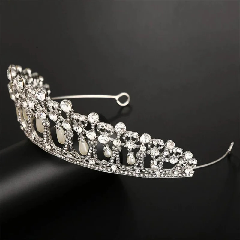 Vintage Silver Plated Queen Princess Diana Crown Crystal Pearl Diadem For Bridal Hair Accessories Bride Headbands Tiara De Noiva 250225
