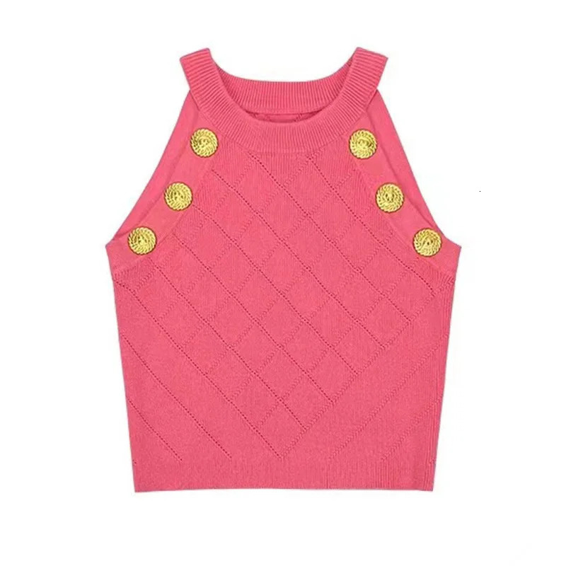 Fashionable Y2K Slim Elastic Knitted Tanks Womens Elegant Solid Button O-neck Sleeveless Sexy Tops 250226