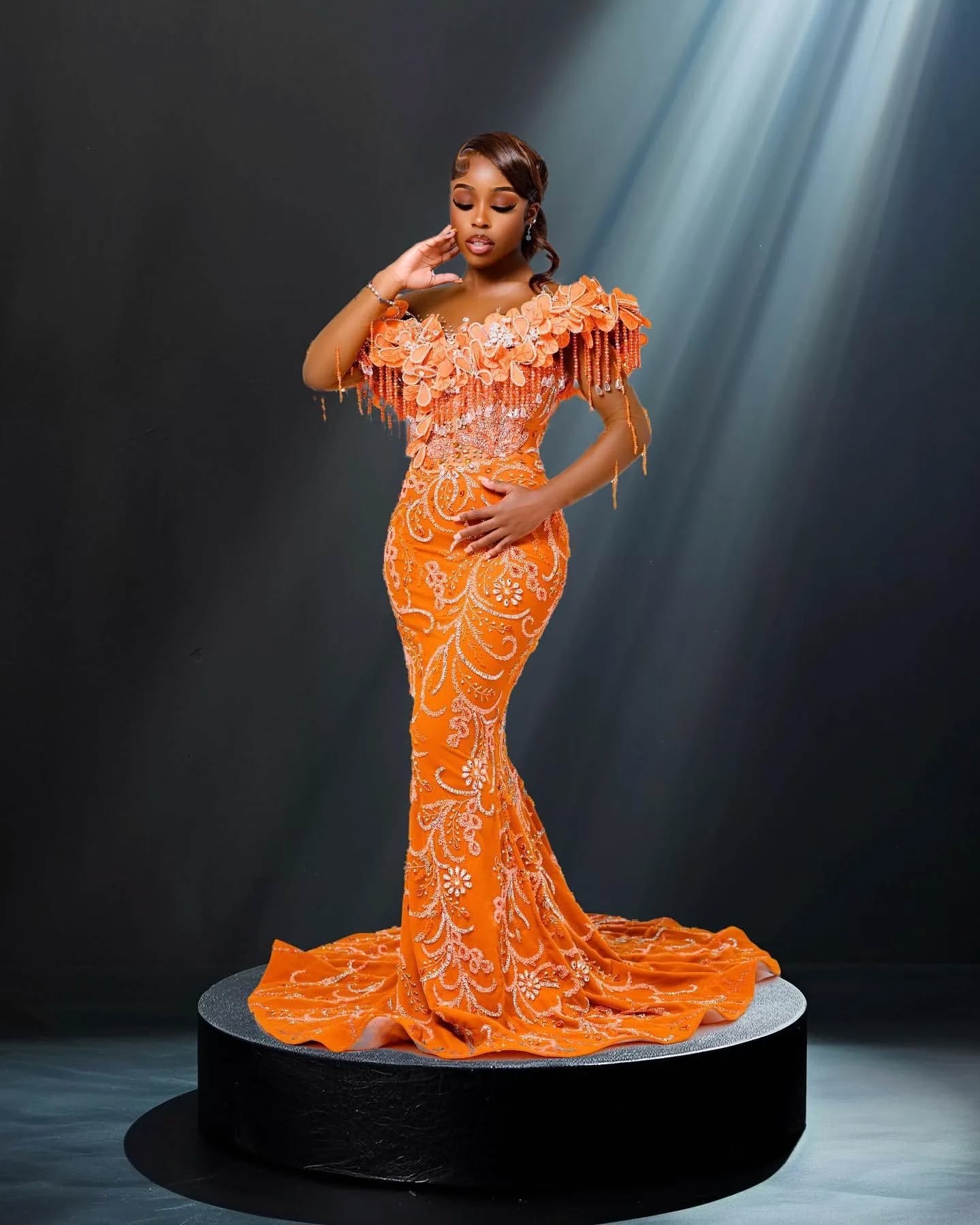 Orange Mermaid Prom Dresses 2025 Florals Crystals Lace Luxurious Evening Formal Party Second Birthday Engagement Gowns Plus Size Dress For Special Occ