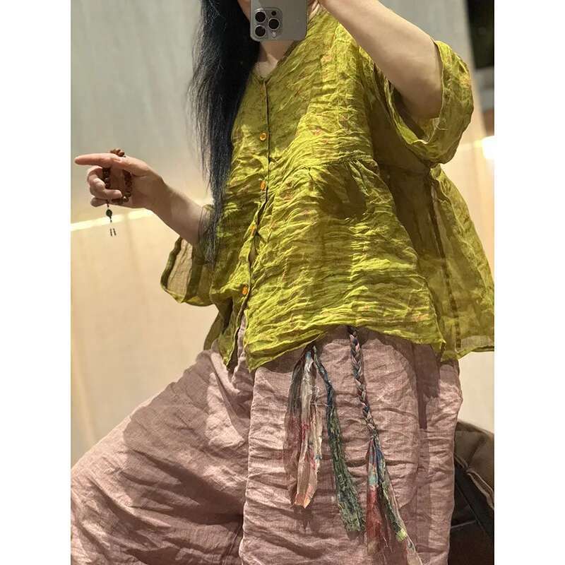 Women Loose Printed Ramie Blouse Ladies V Neck Thin Vintage Shirt 2024 Long Sleeves Cute Mori Girl Clothing Summer Blusas Mujer