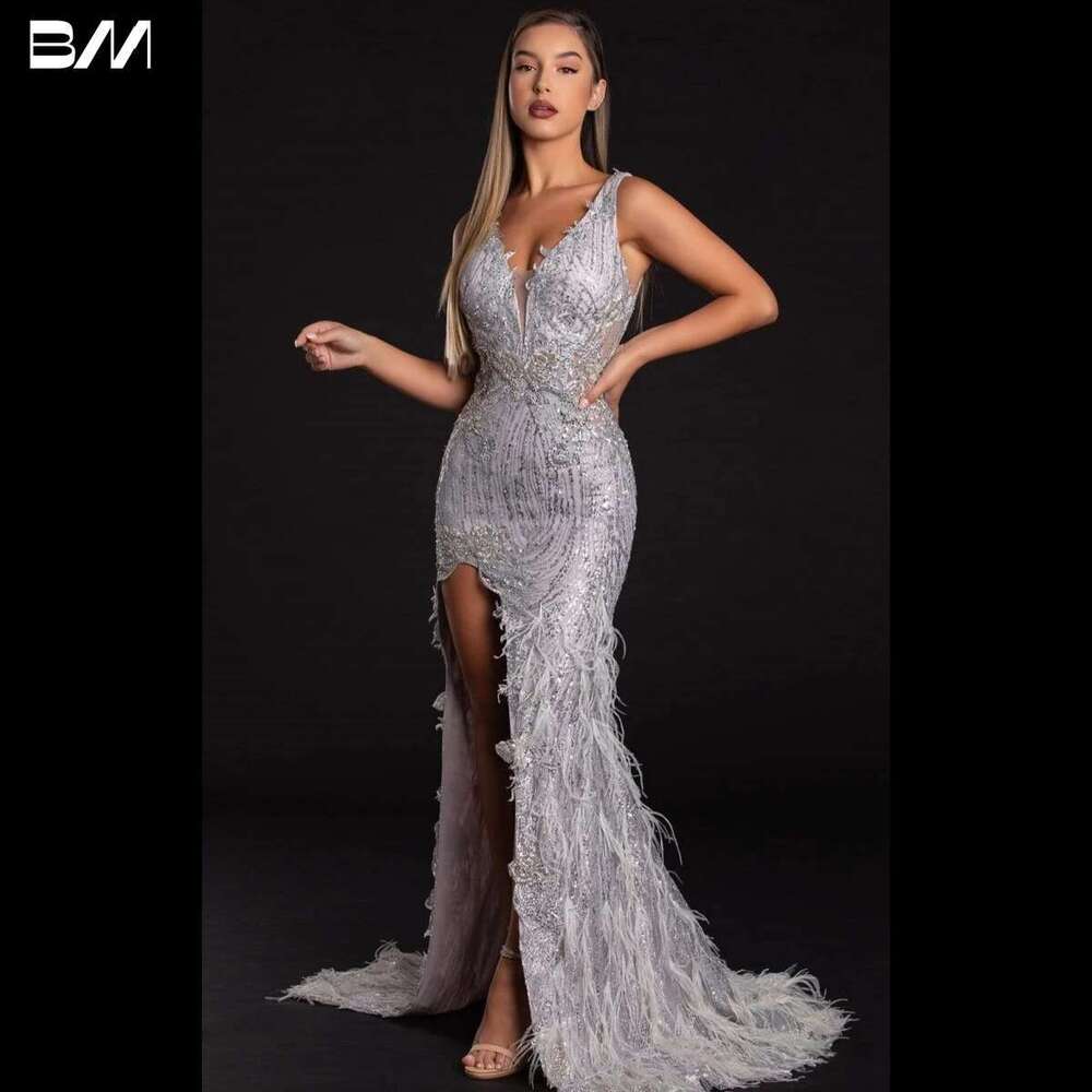 High side slit spaghetti ribbons fringed evening without backs party gala dresses sexy feathers custom prom dress