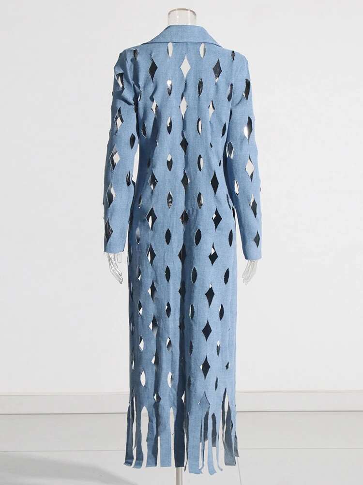 Solid Hollow Out Denim Coats For Women Notched Collar Long Sleeve Temperament Spliced Tassel Coat Female Fashion