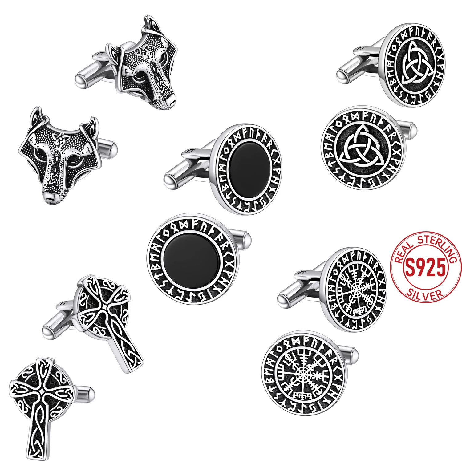 U7 Men Cufflink Norse Viking Runes Agate Comapss Wolf Celtic Knot Tuxedo Shirt Cuff Links Stainless Steel Amulet Jewelry 250220