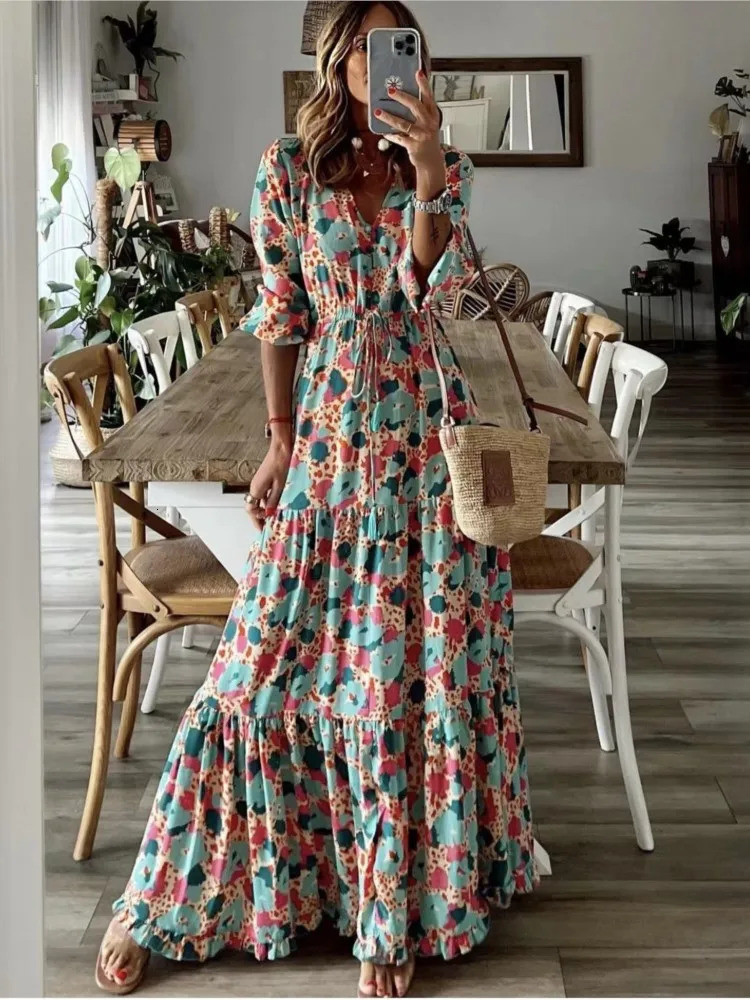 Spring Autumn Flower Print Long Dresses For Women Casual Holiday A-line Beach Dress Fashion Elegant Bohemian Style Maxi Vestidos 250225