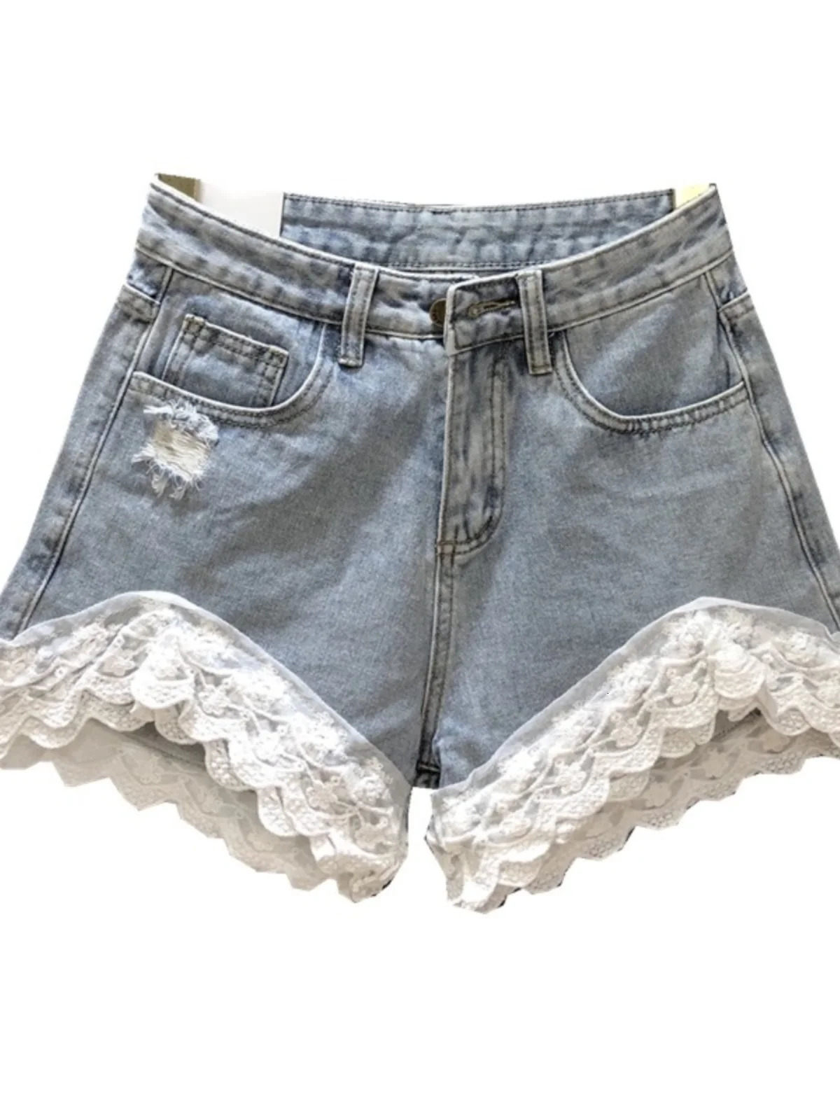 Lace Patchwork Denim Shorts Womens Spring Summer Korean Style Loose Wide Leg A-line Shorts Fashionable Hole Pants 250226