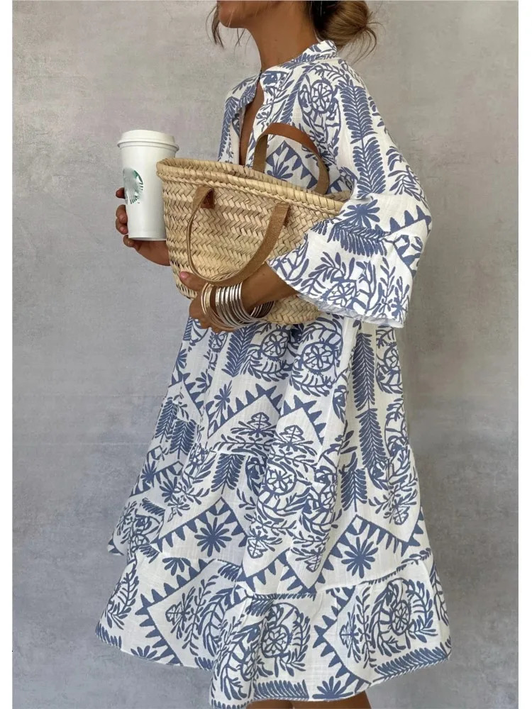 Autumn Casual Print Vacation Loose Dress Women Fashion V-neck Flare Sleeve Elegant Ruffle Shirt Dress Female Vintage Loose Dress 250225