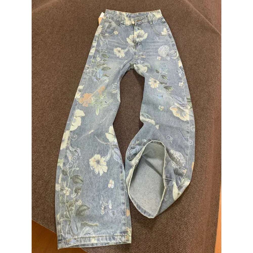 MDNG Fashion Printed Summer Ral Denim Mopping Trousers Korean Style High Street Loose Hip Hop Wide-Leg Jeans