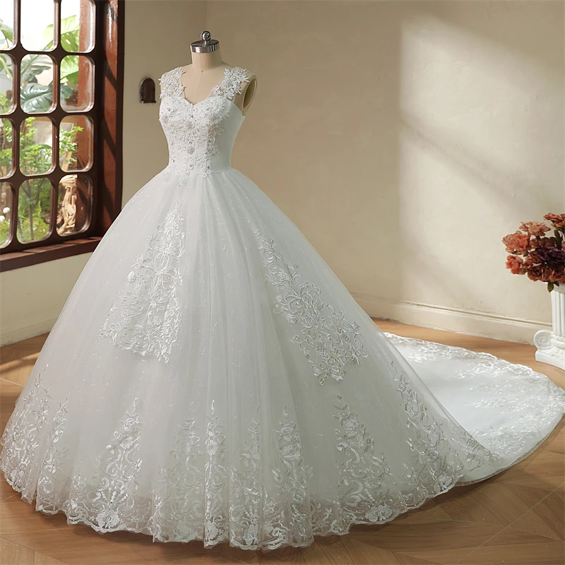 Y M Novias V Neck Sweet Plus Size Bridal Dress 2024 Wedding Long Train or Floor Length Appliqes Tulle Marriage 250224