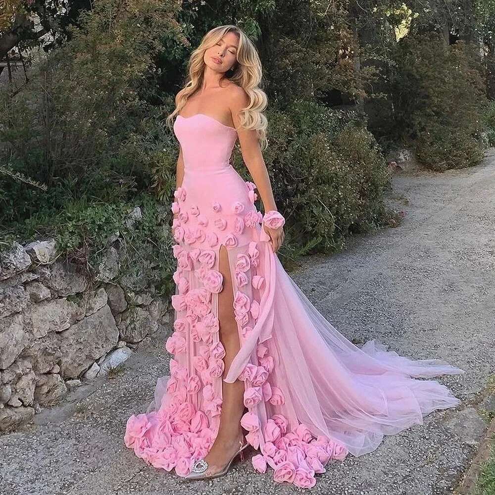 Serene hill Arabic pink mermaid evening dress with res 3d strapless side division for custom graduation party 2025 prom