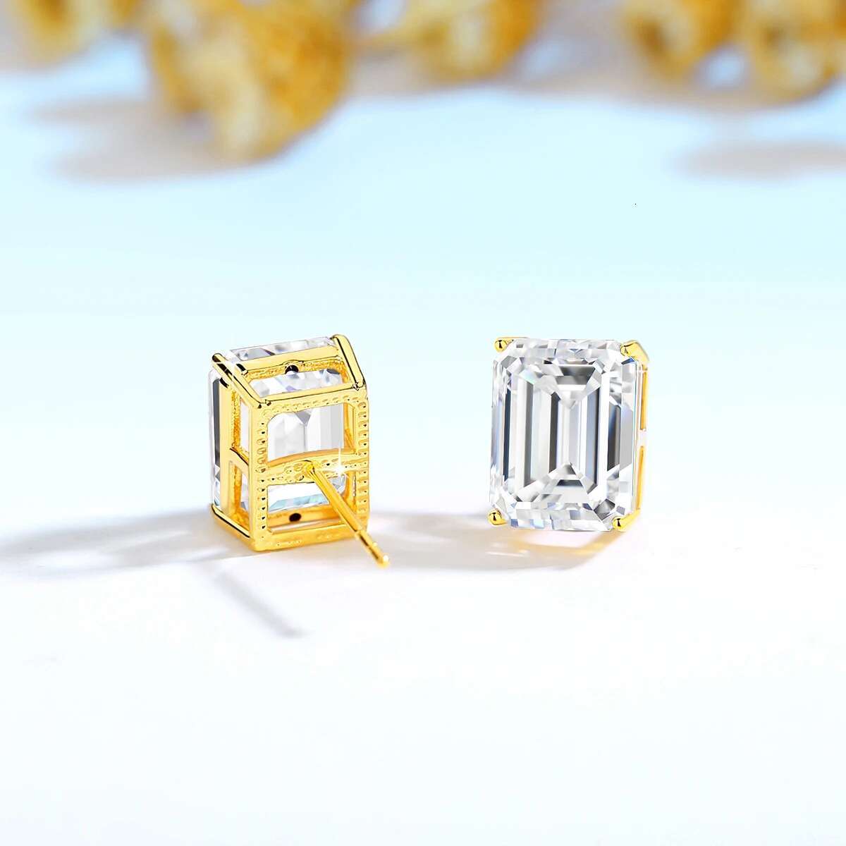 Pure 14k Gold Moissanite Stud Earrings Brilliant Dia Emerald Cut Engagement Wedding Jewelry Gifts for Women