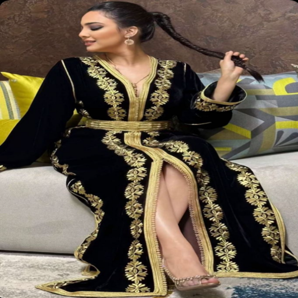 Traditional Moroccan Caftan Prom Dress Black And Gold Embroidery Long Sleeve Arabian Evening Dress Luxury Dubai Turkish Formal Party Gowns Robe De Mar