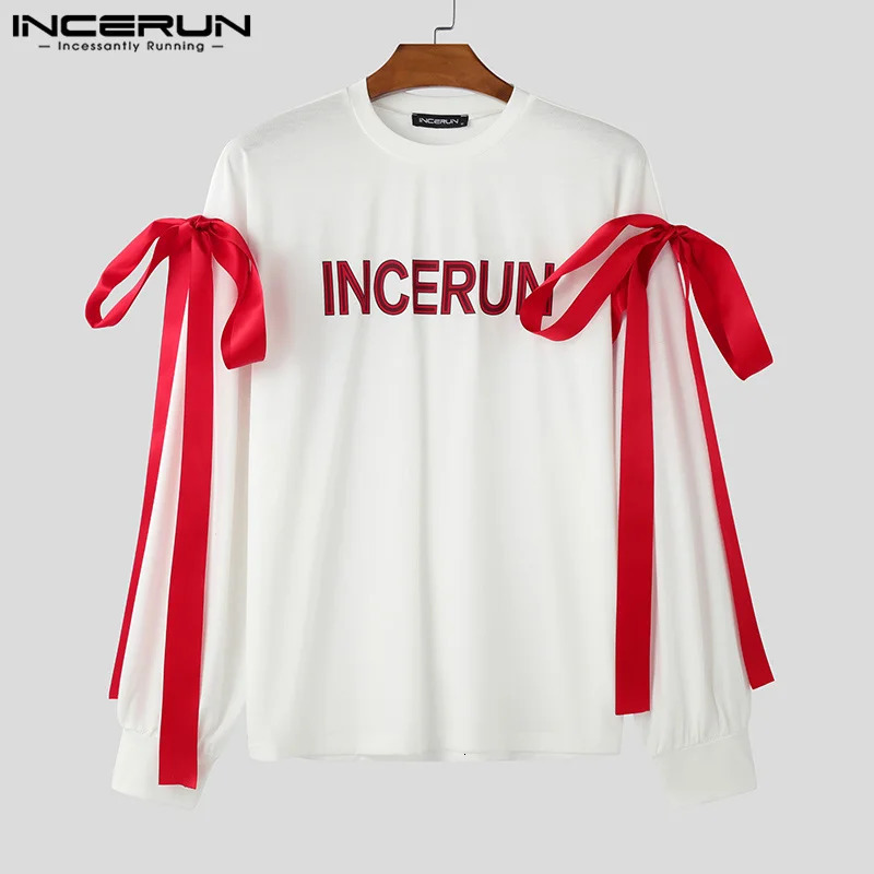 INCERUN Tops American Fashion Mens Patchwork Printed Bow T-shirt Mens Street Clothing Personalized Long Sleeve Camiseta 250224