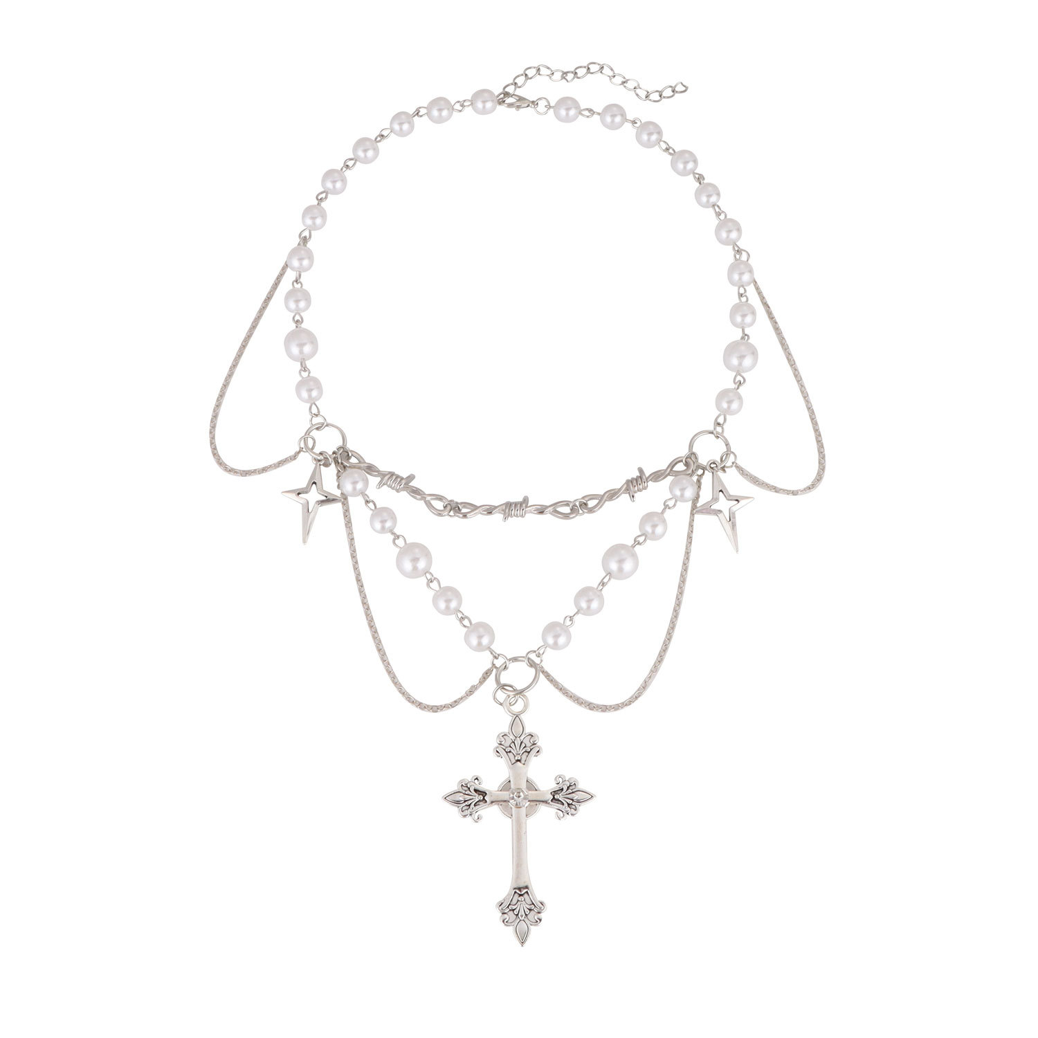Faux pearl tassel cross hundred with fashion necklace Europe and the United States jewelry niche design spicy girl