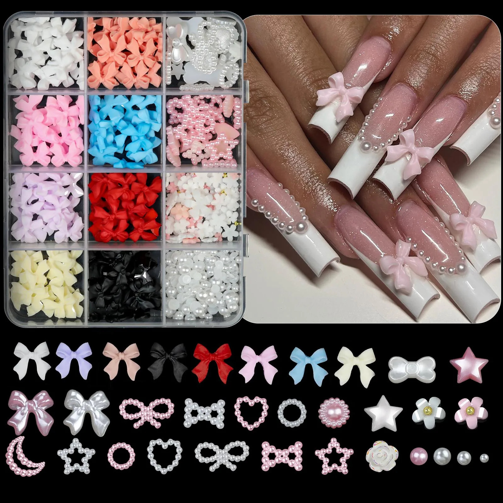 12 GridBox Mixed Resin Bow Knot Nail Art Decoration 3D Acrylic Charm Kawaii Color Water Diamond DIY Hand Tool Parts 250217
