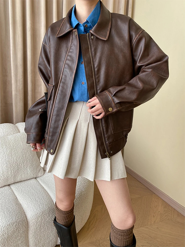 Vintage Maillard Leather Jacket Silhouette Craft PU Leather Motorcycle Jacket Top Women Loose Thickened Brown Coat Spring Autumn 250225