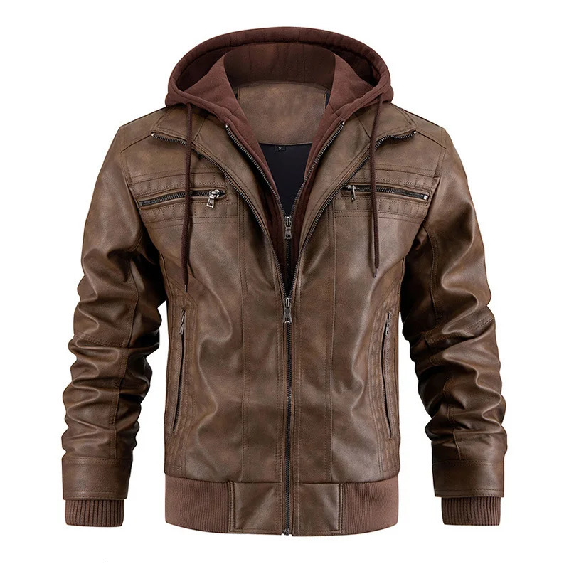 Mens Leather Jacket Motorcycle Slim Fit Hooded PU Coat Top Autumn Winter Casual Windproof Mens Clothing Detachable Hat S-XXXL 250226