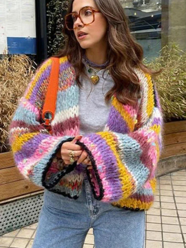 OIINAA Knitted Cardigan for Women Sweater Striped Rainbow Long Sleeve Open Stitch Cardigans Autumn Winter Fashion Outerwears 250225