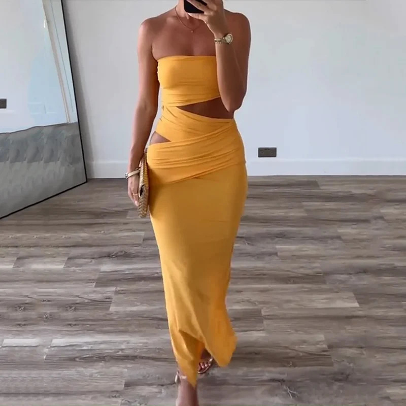 Wefads Long Dress Summer Women Fashion Sleeveless Strapless Tube Backless Nipped Waist Cut Out Slit Slim Party Bodycon Dresses 250226