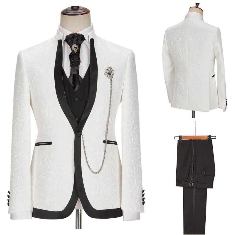 Floral Pattern Men Wedding Tuxedos Customized Stand Collar Business Groom Wear Pants Suits Birthday Party 3 Pieces