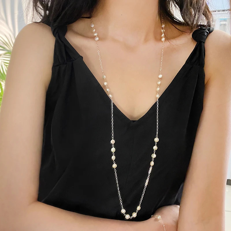 ASHIQI 925 Sterling Silver Natural Baroque Freshwater Pearl Necklace Long Sweater Chain for Women 250222