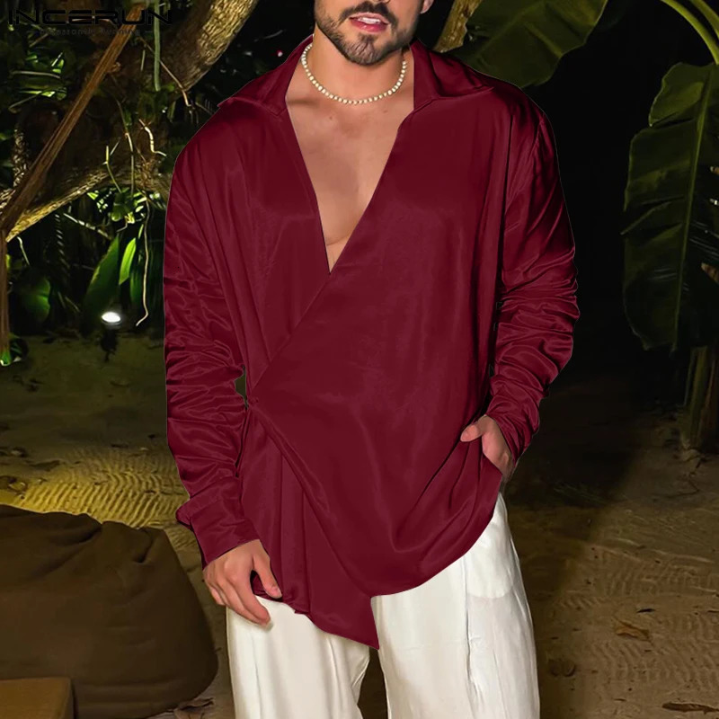 INCERUN Sexy Solid Color Shirts Handsome Men Casual Long Sleeve Tops Well Fitting Male Lapel Blouses Hollow Out Button Tops 250224