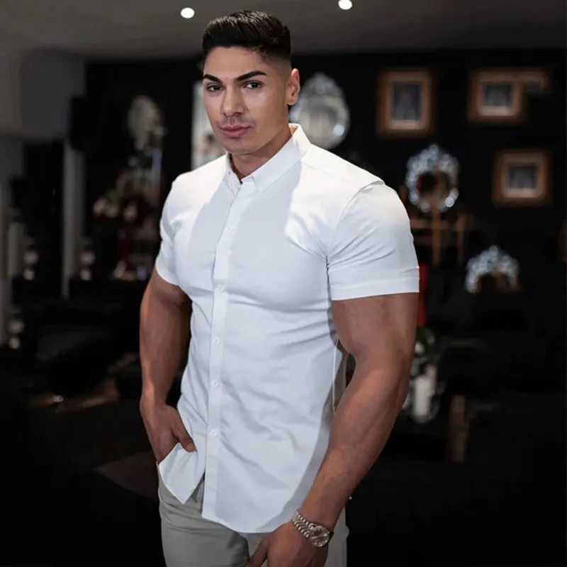 Solid Color Shirt Summer Mens No-Ironing Shows Figure Casual Stylish Suit Short XL-XXXL Black White Navy Blue 250226