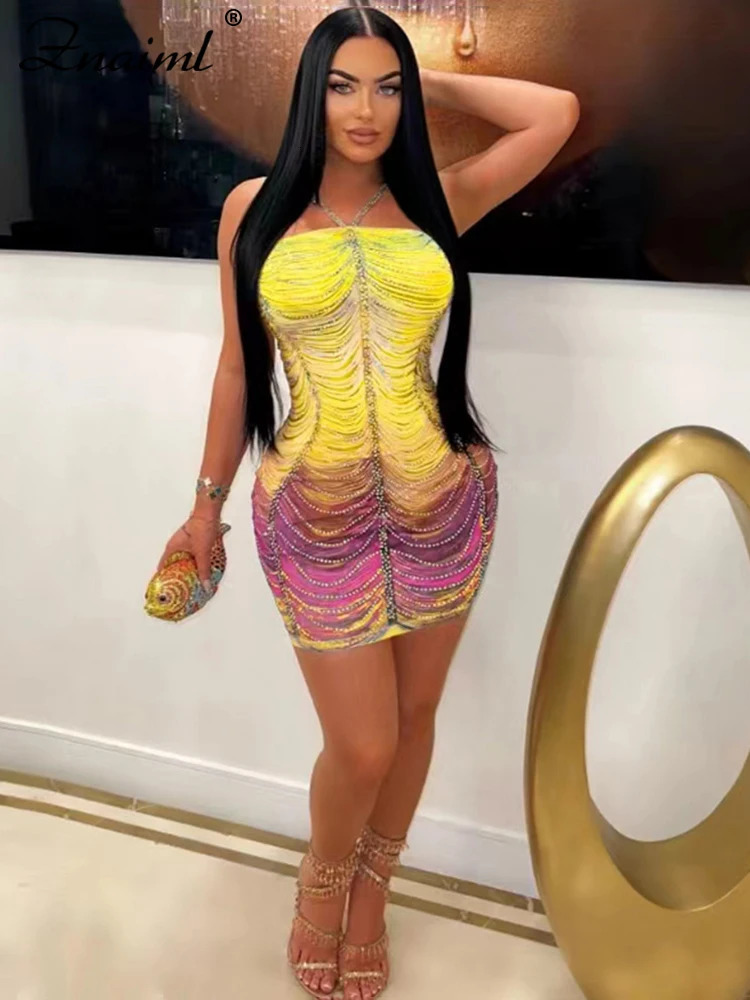 Znaiml Elegant Rhinestone Halter Spaghetti Strap Mini Dress Women Sexy Night Club Bodycon Evening Birthday Prom Vestidos 250225
