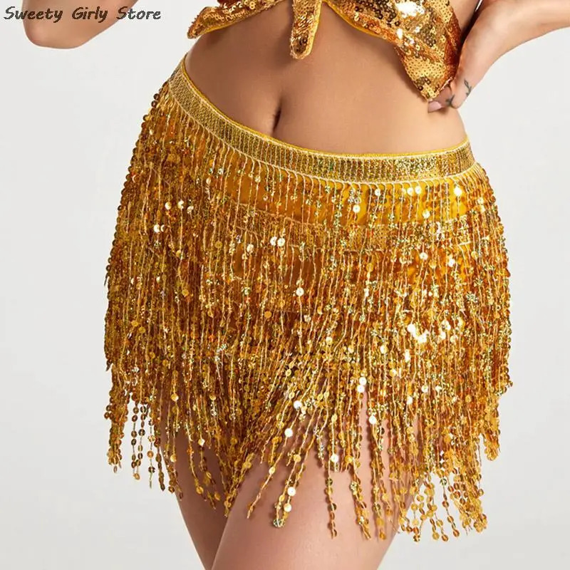 Long Tassel Chains Skirt Bohemian Clubwear Party Performance Costume Women Belly Dance Sequin Belts Indian Practice Hip Skirts 250225