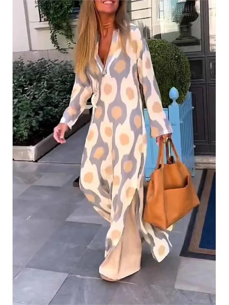 Autumn Causal V NeckWomen Geometric Maxi Dress Long Sleeve Dresses Female Holiday Beach Boho Dress 250225