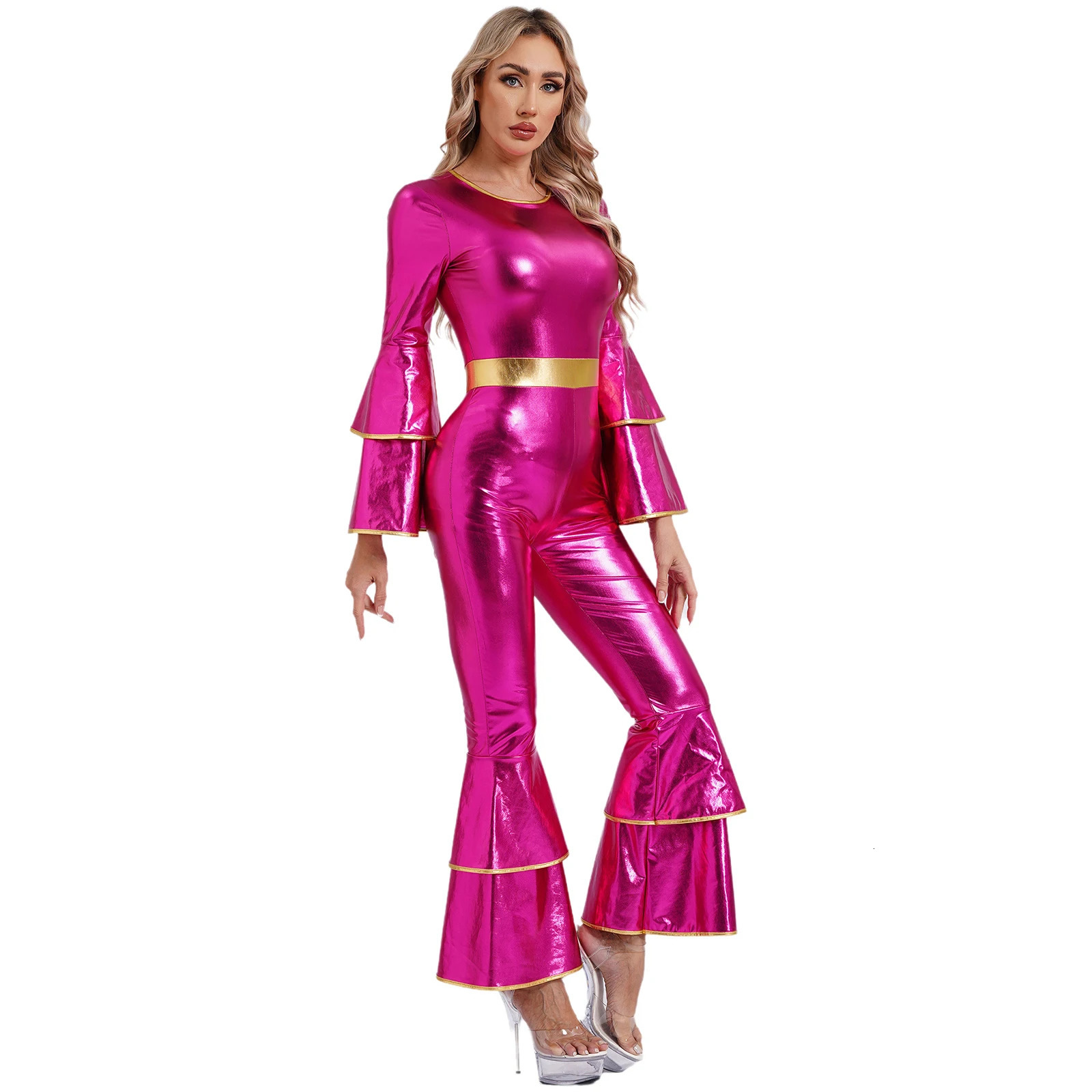 Womens 70S Disco Vintage Jumpsuit Metallic Shiny Flare Sleeve Bodysuit Hippie Bell Bottom Jazz Dance Carnival Rave Party Costume 250225