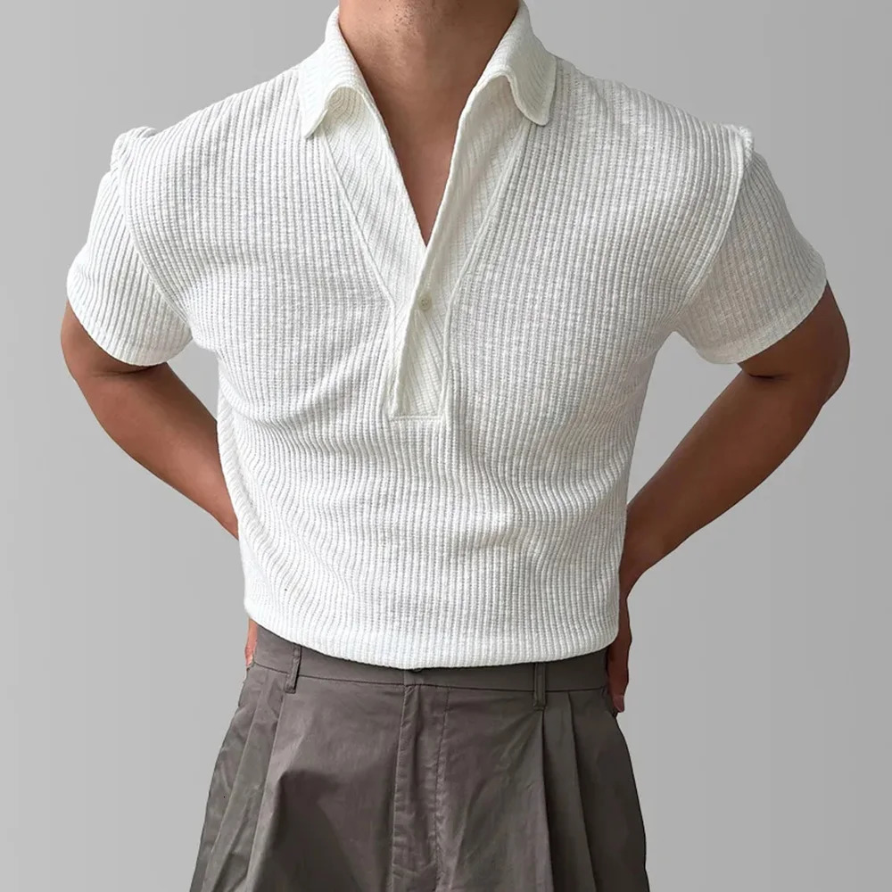 Mens Polo Thread Elastic Solid Color Bottom Shirt Autumn Casual Sports Fitness Show Muscle American Top Mens Clothing Unisex 250225