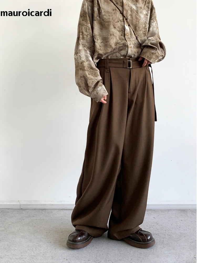 Mauroicardi Spring Autumn Long Coffee Flowy Baggy Wide Leg Pants for Mens Belt Korean Fashion Loose Casual Soft Trousers 250225